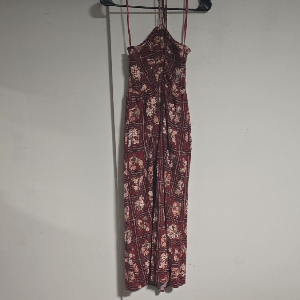 Monteau Los Angelos Red Burgundy Floral Feminine Midi Dress Tie Neck